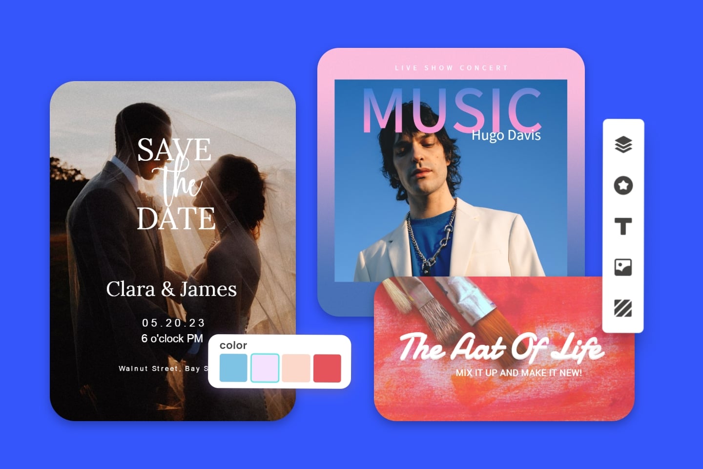Save the date card, music cover and art poster with styled names and titles