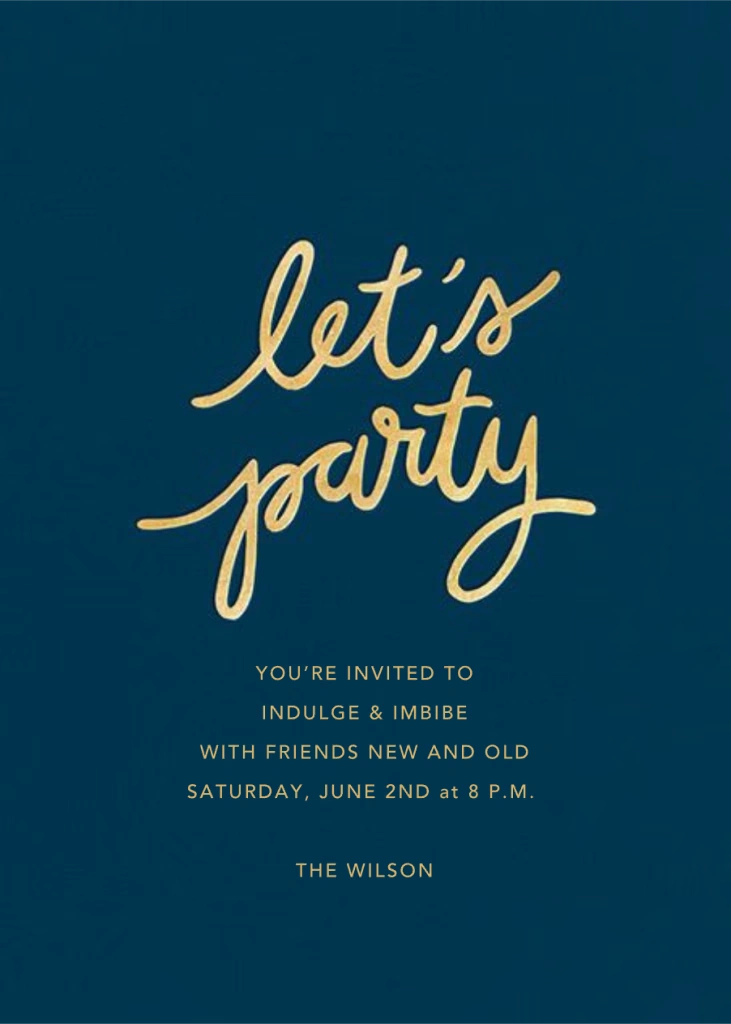 Illustrative gold-lettered party invitation from a comparable tool