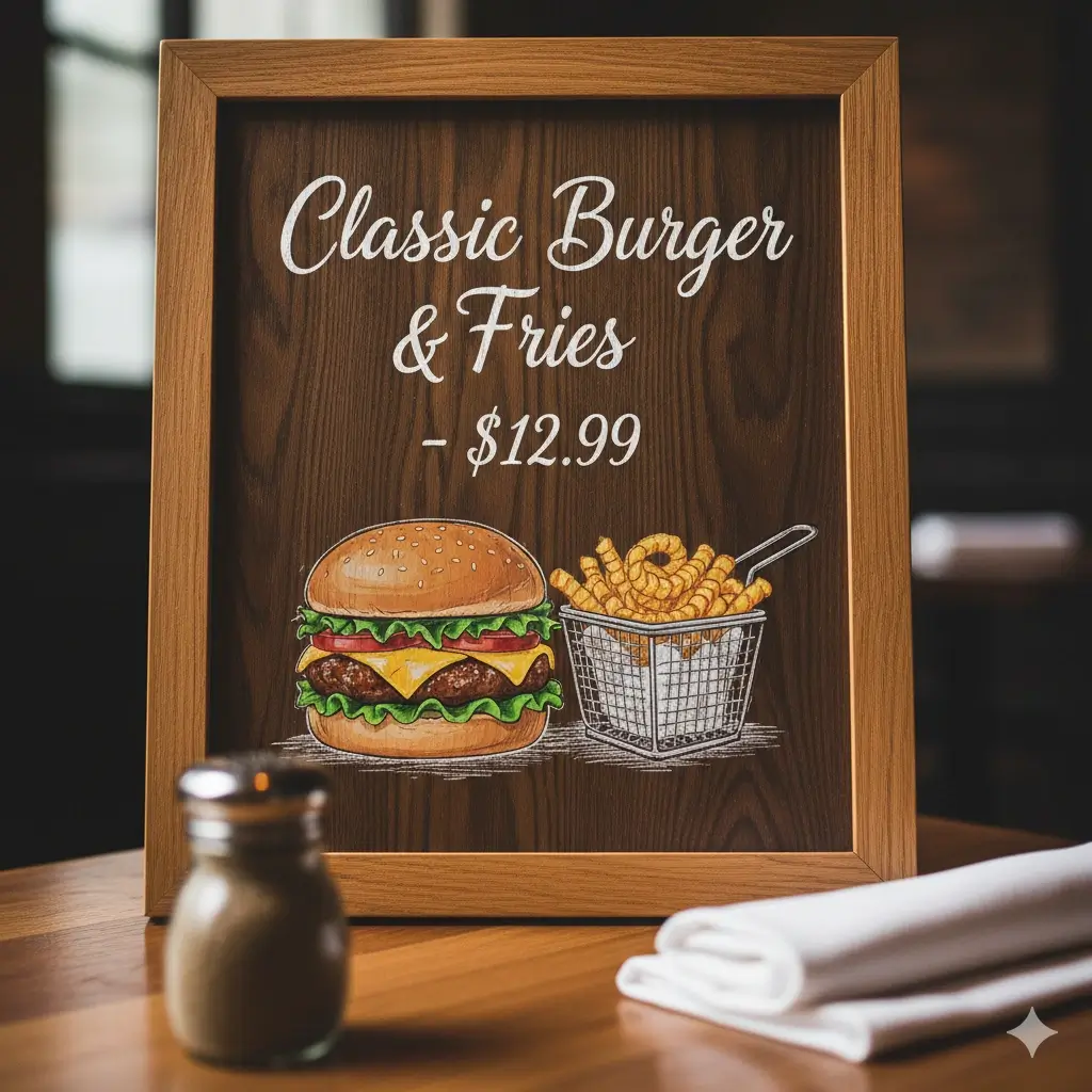 Menu board showing Classic Burger and Fries at $12.99