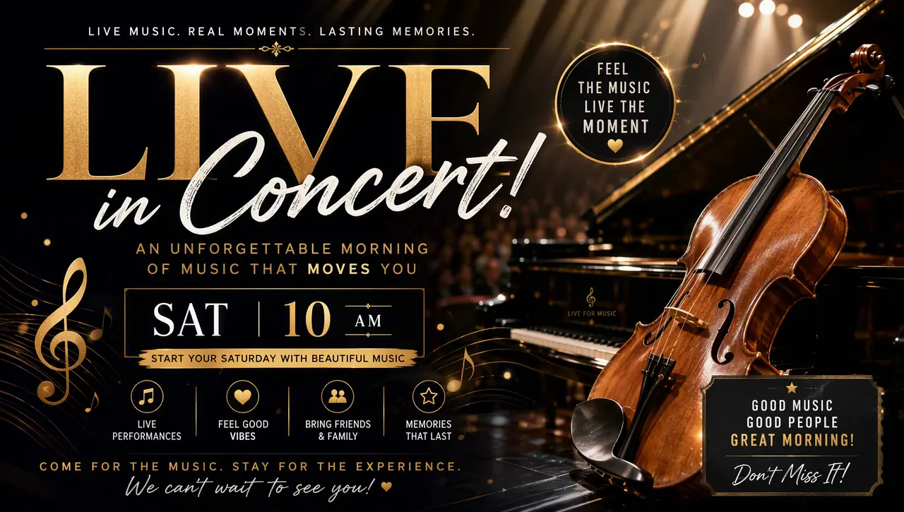 Live concert poster with decorative gold lettering and a Saturday date