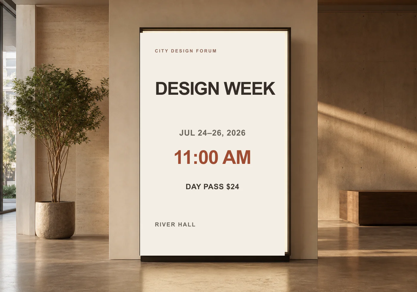 Design Week poster listing dates, an 11:00 AM start and a $24 day pass